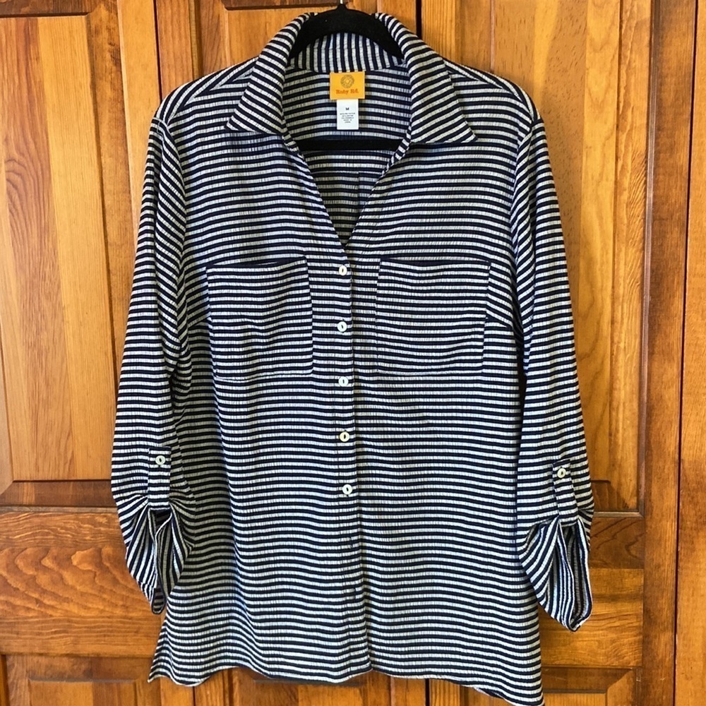 Ruby Rd. Striped Button Down Top Roll Tab Sleeve Shark-bite Hem